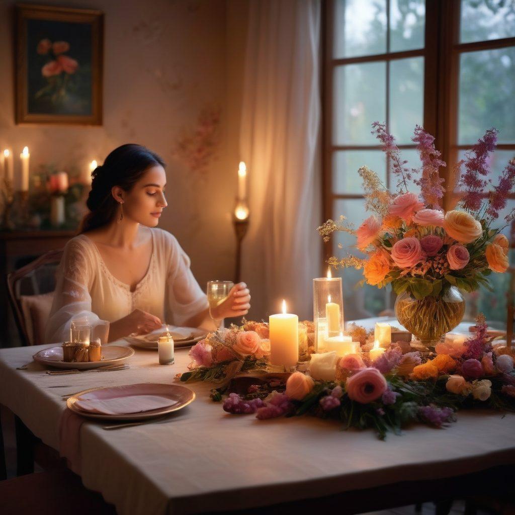 A whimsical scene featuring a cozy, romantic setting with soft candlelight illuminating a beautifully arranged table filled with an array of fragrant flowers and exotic spices, symbolizing the power of fragrances. In the background, a couple enjoys the moment, surrounded by delicate wisps of aromatic vapor swirling in the air. The atmosphere should feel warm and inviting, with a color palette of pastel shades and golden tones. super-realistic. vibrant colors. soft lighting.