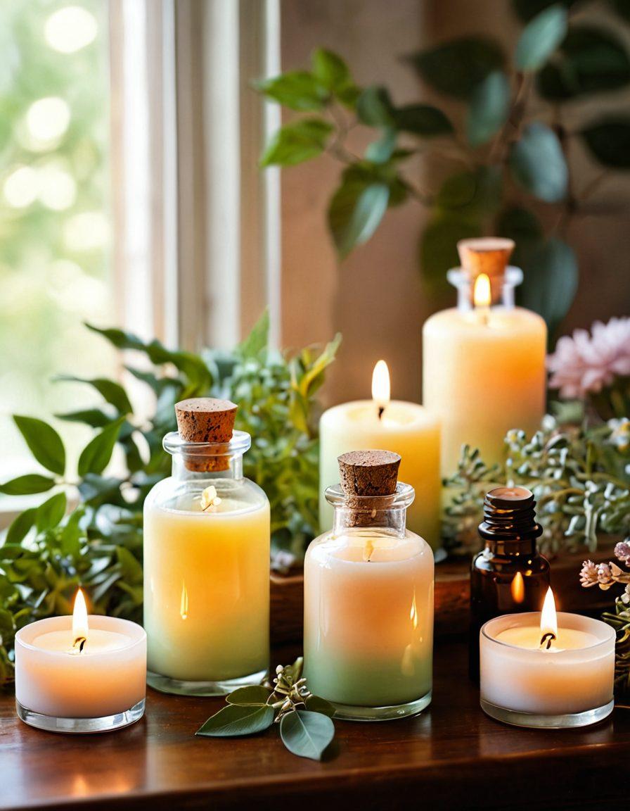 A serene and inviting aromatherapy setup featuring beautifully arranged essential oil bottles, soft glowing candles, and delicate flowers intertwined with leaves. The background reflects a calm, soothing ambiance with gentle light and warm colors, evoking feelings of love and well-being. Include an ethereal mist to symbolize the diffusion of scents, with subtle hints of herbal elements subtly integrating into the scene. super-realistic. pastel colors. warm lighting.